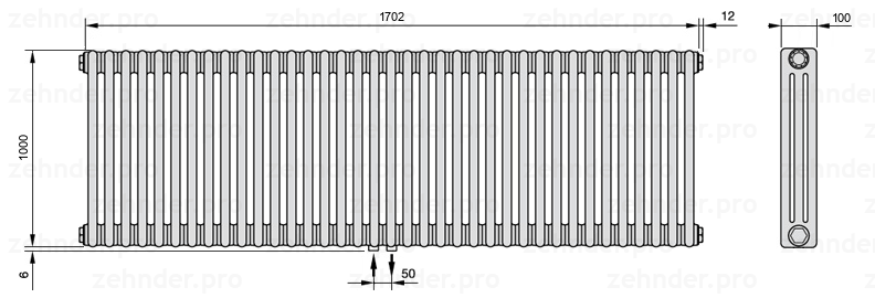 Схема (чертеж) Радиатор Zehnder Charleston 3100/37 №3470 Белый глянцевый RAL 9016
